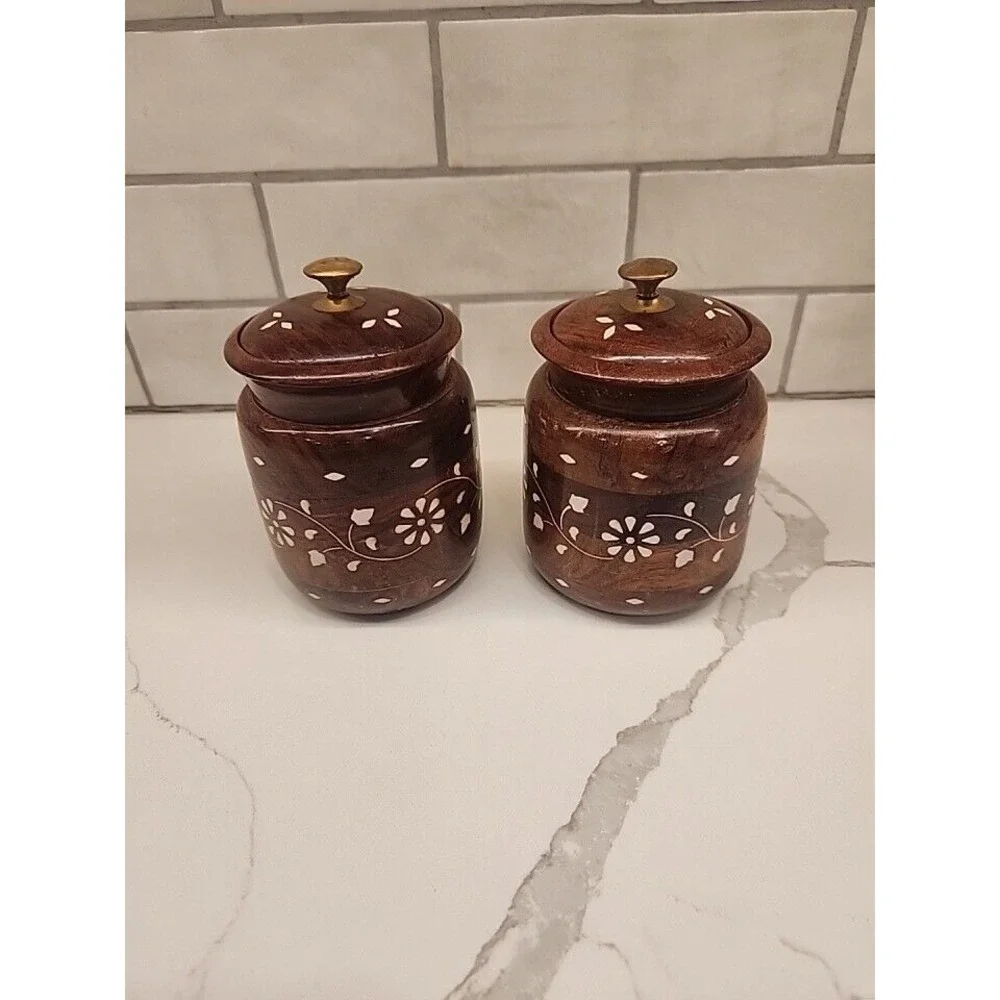 Wooden Kitchen Storage Flower Canister Jars with Lid for Snacks, Food Set Of 2